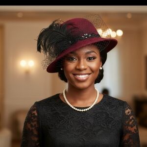 Vintage Style Burgundy Felt Dress Hat with Black Feather, Netting & Sequins